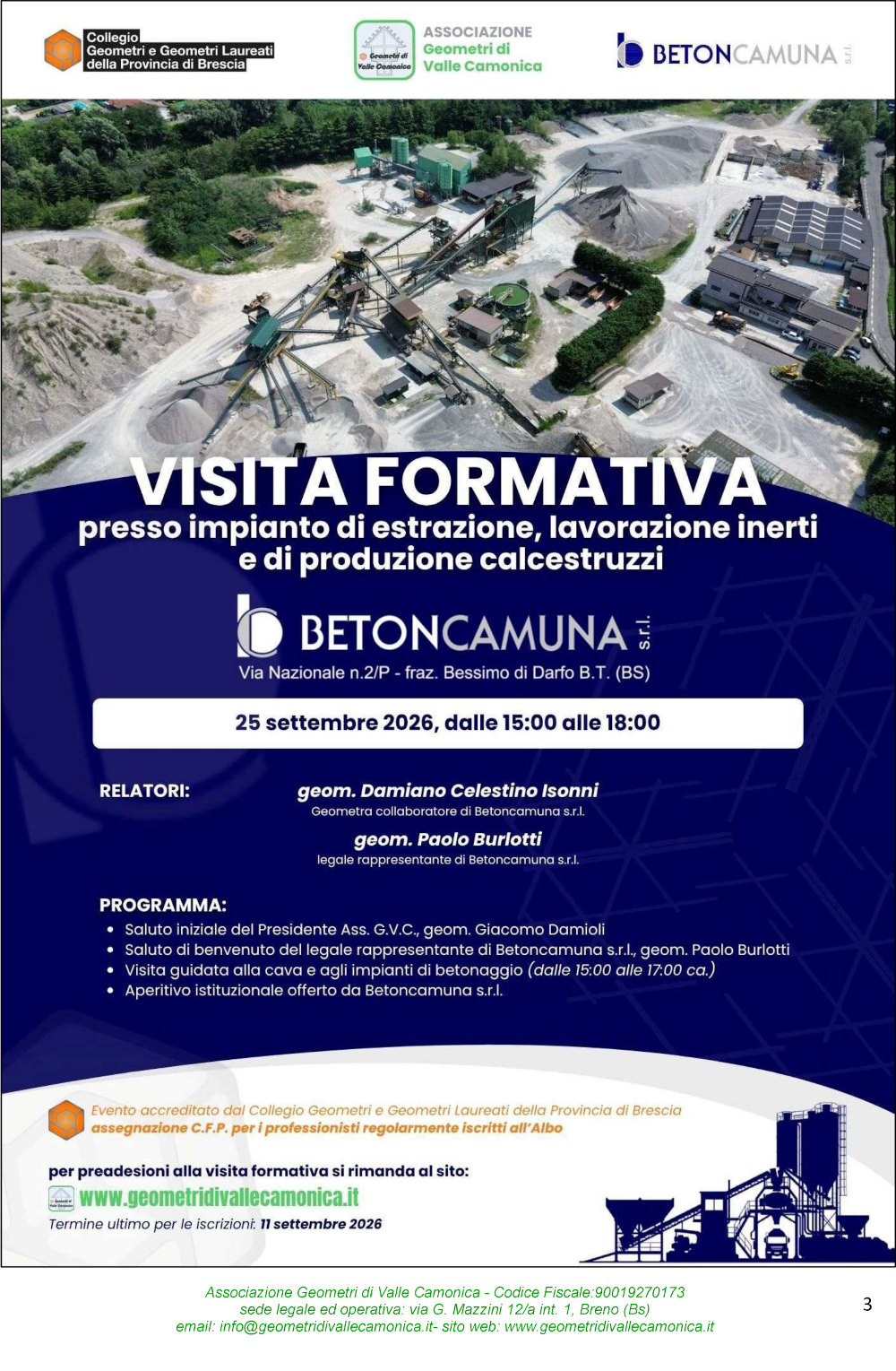 25 settembre 2026 ore 15.00-18.00: Visita formativa presso impianti di estrazione, lavorazione inerti e produzione di calcestruzzo